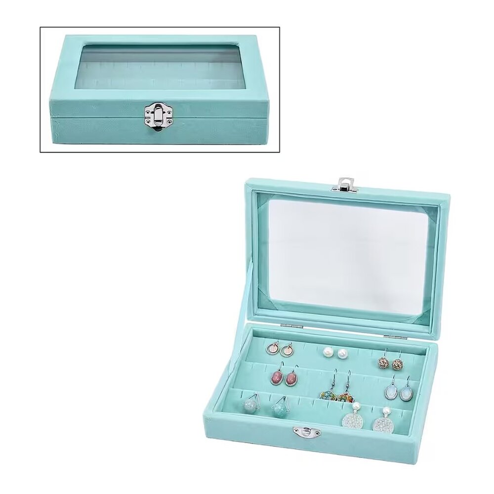 New Turquoise Blue Velvet Earrings Box with Glass Window - NEW